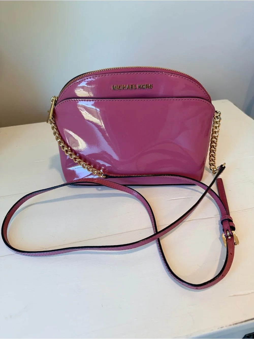 Michael Kors Fuchsia Patent Leather Crossbody with Gold Chain